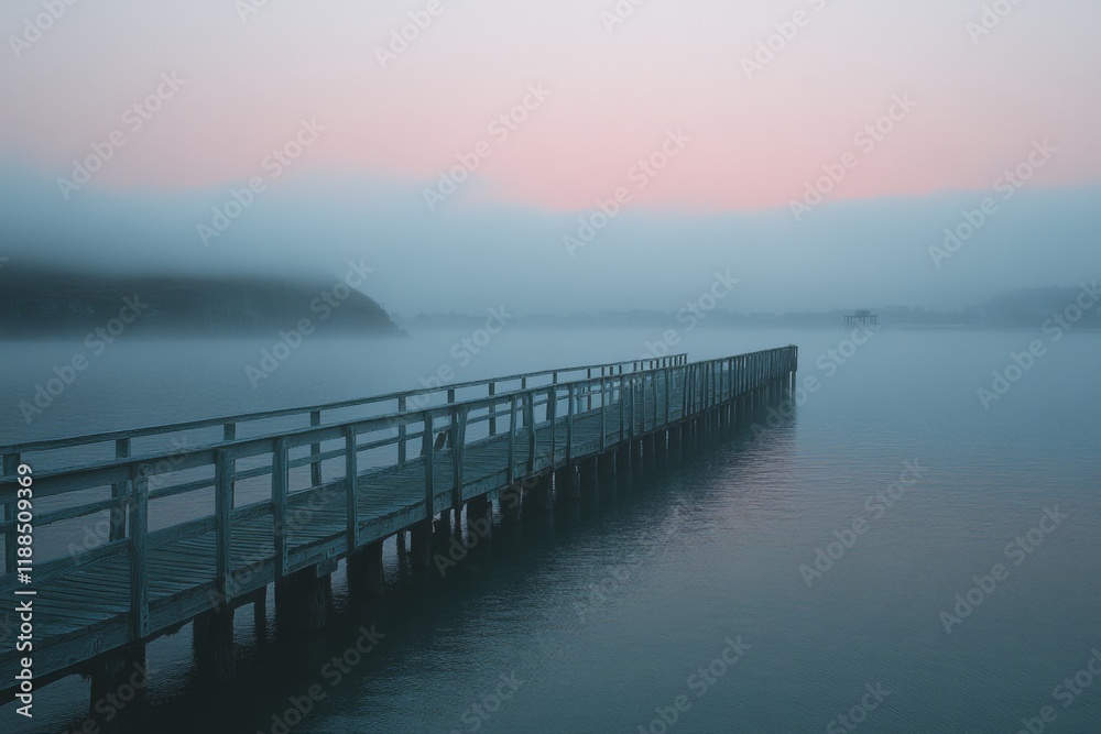Fototapeta premium Wooden dock on a still lake at dawn with soft pink hues