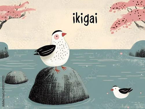 A picture of landscapes with an anime style. Ikigai, concept of balance