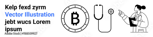 Bitcoin symbol in a circular frame, a stethoscope, and a female doctor holding a clipboard. Ideal for topics on cryptocurrency, healthcare industry, digital finance, medical technology, economic