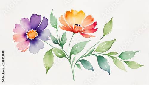 Watercolor illustration of colorful flowers with green leaves hand-painted in vibrant tones for home decor, holiday cards, posters, digital artwork, and floral-themed designs