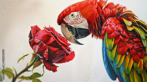 red and yellow macaw parrot with red rose 