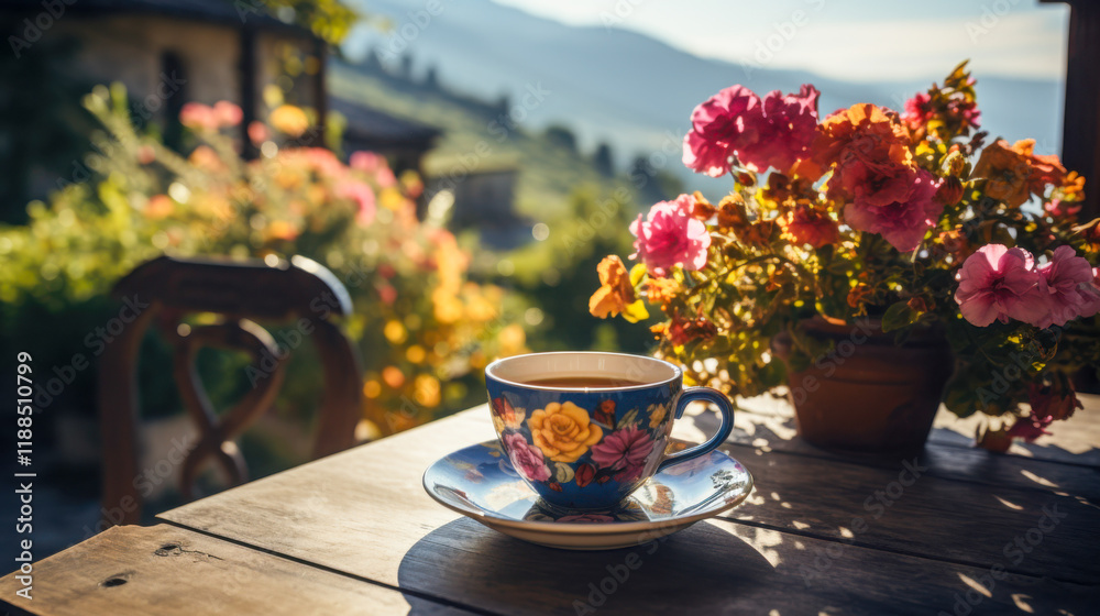 Morning coffee amidst vibrant flowers and serene hills in a peaceful outdoor setting, inviting relaxation and enjoyment of nature's beauty Morning coffee amidst vibrant flowers and serene hills in a peaceful outdoor setting, inviting relaxation and enjoyment of nature's beauty