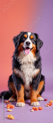 A Bernese mountain dog sitting on a colorful background with a big smile on its face and fluffy fur, surrounded by toys and treats, cartoonish, colorful animals., pet humor, happy dog, playful