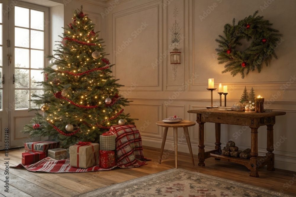 A beautifully lit Christmas tree standing next to a small wooden table adorned with festive linens and ornaments, evergreen branches, red and green colors, holiday decor A beautifully lit Christmas tree standing next to a small wooden table adorned with festive linens and ornaments, evergreen branches, red and green colors, holiday decor