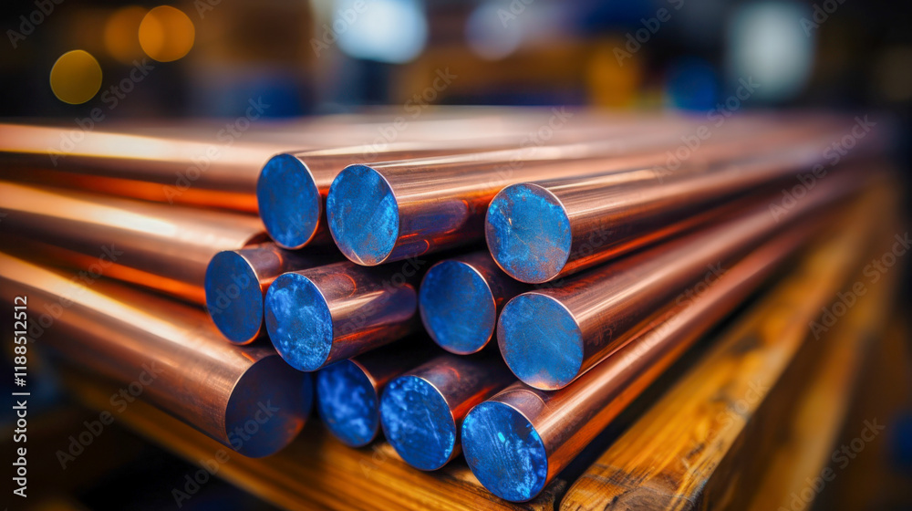Naklejka premium Metal rods stacked in a warehouse with blue ends, showcasing industrial materials ready for use in manufacturing processes
