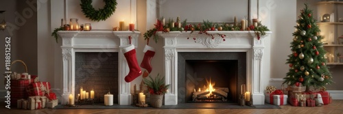 A beautifully decorated mantel with stockings and holiday decorations, seasonal, home decor