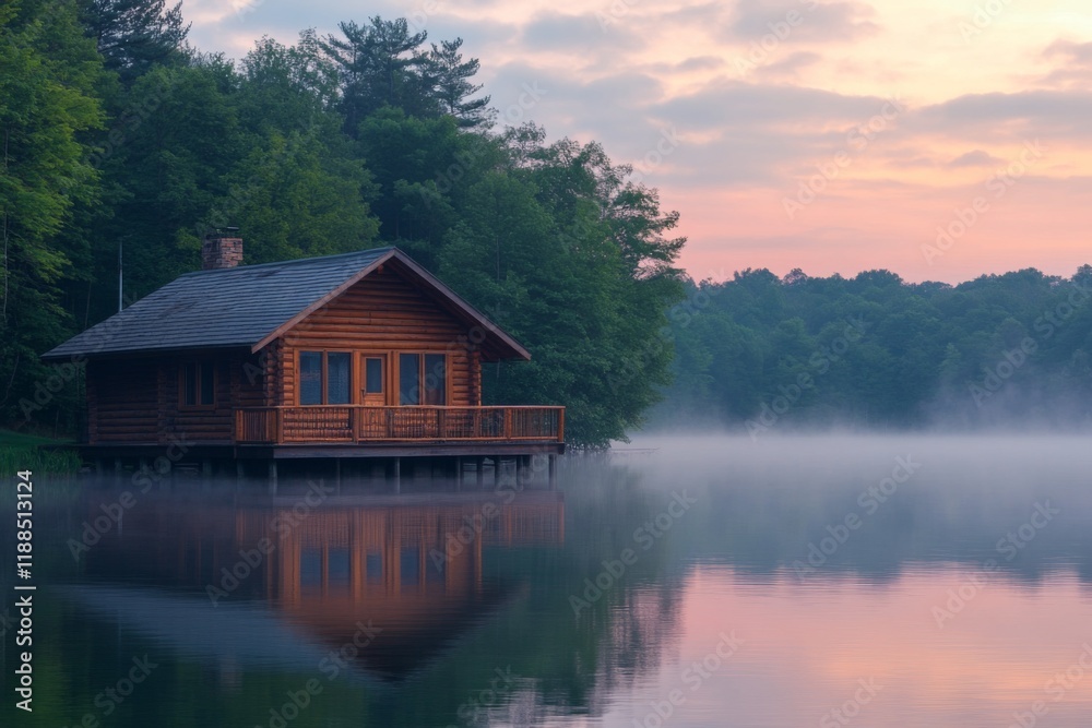 Fototapeta premium Serene lakeside cabin surrounded by trees at sunset