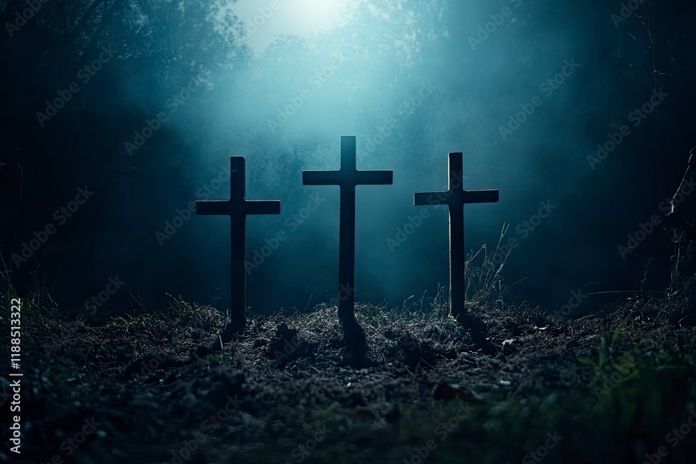 Fototapeta premium Three crosses on dark background. Good friday concept. Calvary hill concept. 