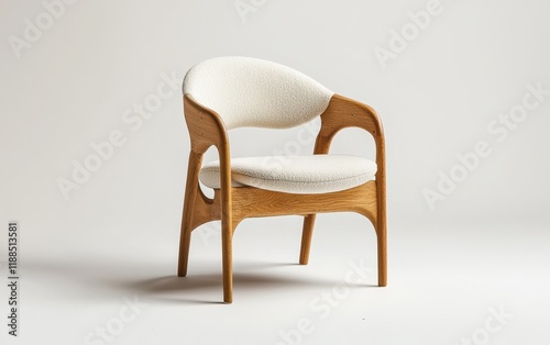 A Scandinavian-style chair with a curved wooden backrest and light upholstery on a white background