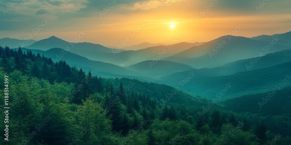 Obraz premium Mountain ridge covered in greenery at sunrise