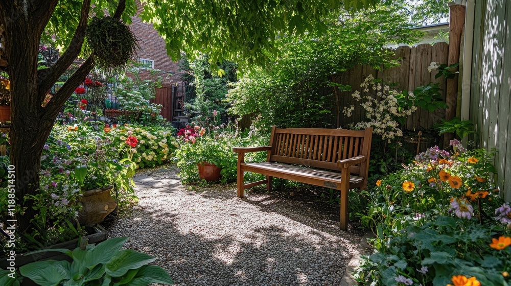 Obraz premium Tranquil Garden Retreat with Wooden Bench Surrounded by Flowers