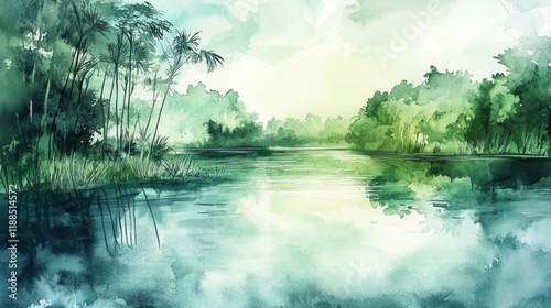 watercolor drawing of a tropical wetland, landscape.