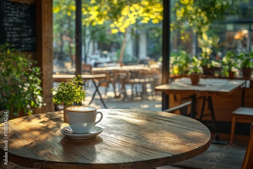Outdoor cafe table with coffee cup surrounded by green plants