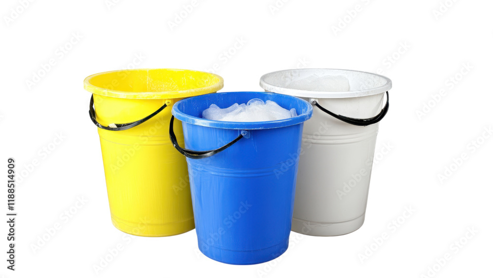 Three colorful buckets in yellow, blue, and whiteon a transparent background Three colorful buckets in yellow, blue, and whiteon a transparent background