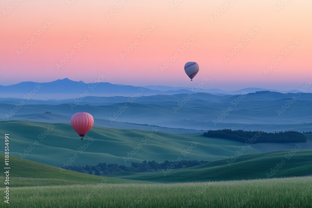 Obraz premium Hot air balloons flying over green hills under a pastel sky