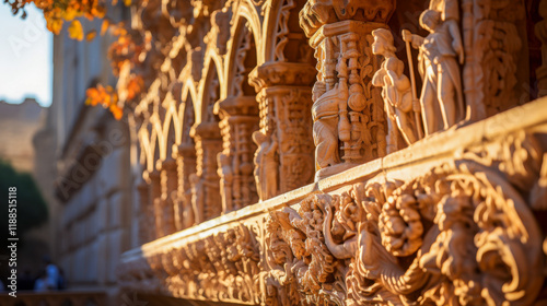 Intricate stone carvings on historical architectural facade at sunset in an ancient location photo