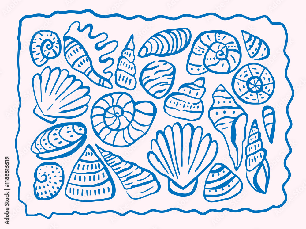 custom made wallpaper toronto digitalSea shell collection in doodle ink style. Drawing of Scallop on outline style. Pencil drawn design elements.