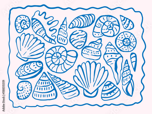 Sea shell collection in doodle ink style. Drawing of Scallop on outline style. Pencil drawn design elements.