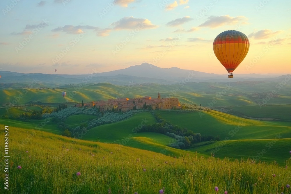 Obraz premium Green rolling hills with hot air balloon under clear blue sky