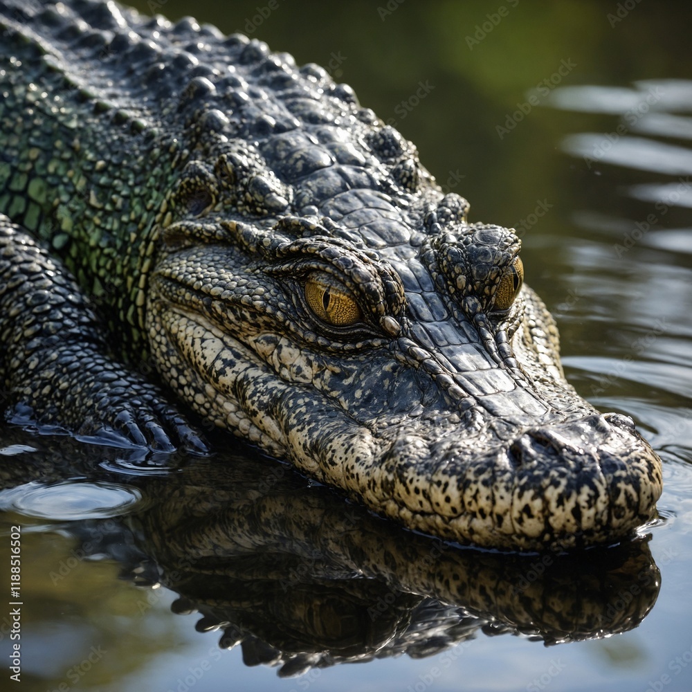 An alligator with glass-like scales, each reflecting a different abstract dimension. An alligator with glass-like scales, each reflecting a different abstract dimension.