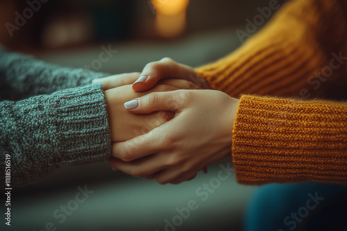 Two people holding hands warmly in cozy sweaters creating a comforting atmosphere