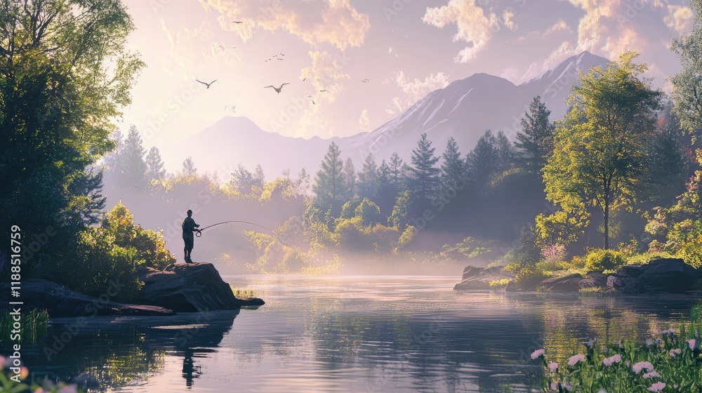 Serene Fisherman at Dawn by Tranquil Mountain Lake Landscape Serene Fisherman at Dawn by Tranquil Mountain Lake Landscape