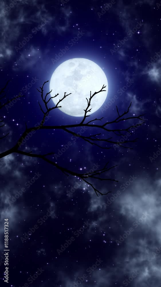 full moon and tree branch, starry night sky with clouds meditation motion background,glowing and shiny stars relaxing vertical social media design element