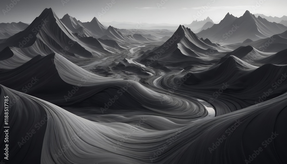 Obraz premium Monochromatic Mountain Range: A Serene Digital Landscape of Curving Peaks and Valleys