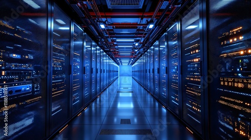 Data center server room with blue lights, technology infrastructure