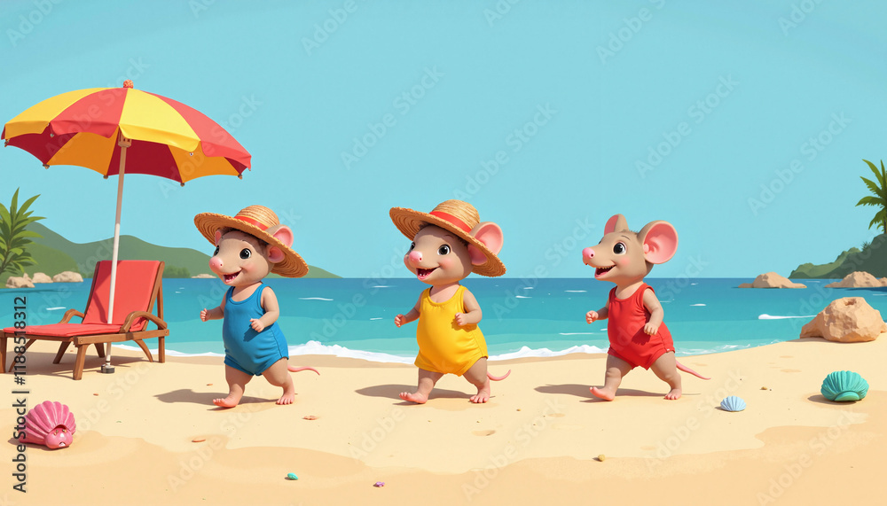 Three friendly mice enjoying a sunny day at the beach holding hands Three friendly mice enjoying a sunny day at the beach holding hands