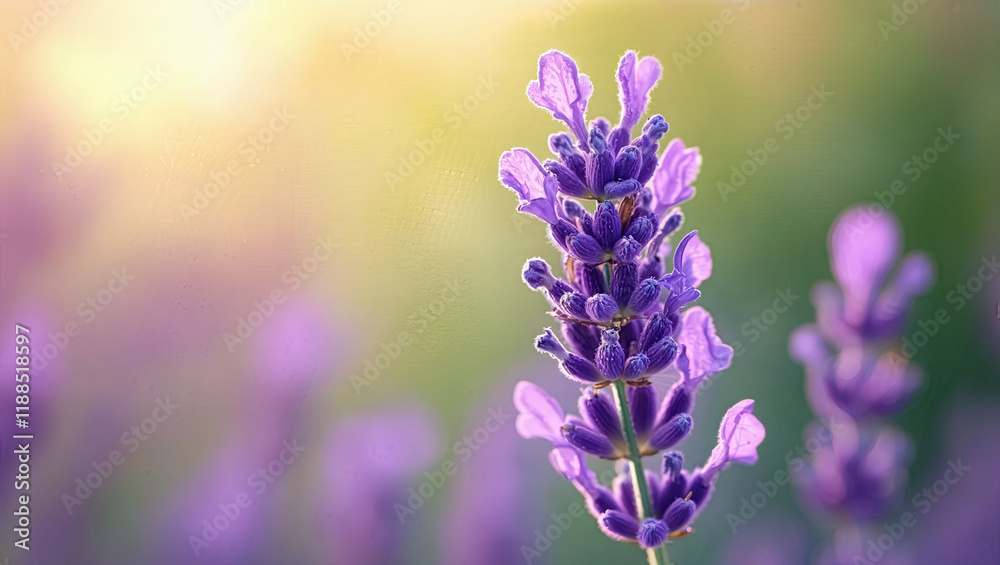 Obraz premium Lavender Close-up in Foreground, Bright Blurry macro Background for Copy Space.