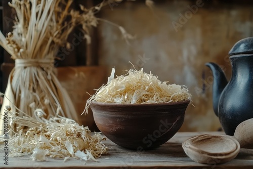 Kidney remedy tea with Dry Corn Silk Herb Focused view photo