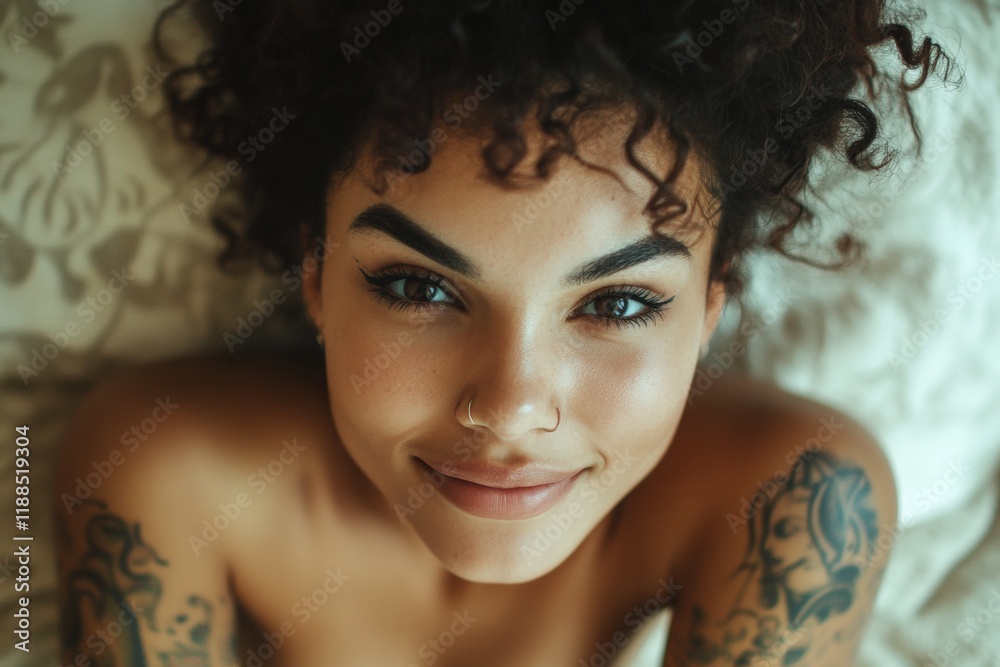 Fototapeta premium Commercial digital ads concept art. Attractive happy mixed-race girl - for ads, banner and online banner networks use. Short hairdo - curly hair. Advertising beauty portrait. Colored girl.
