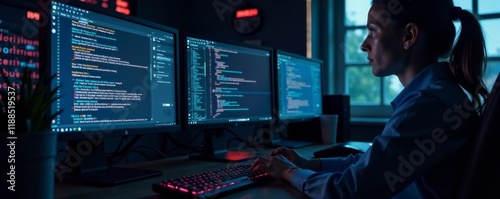 Dark room with computer screens displaying cybersecurity alerts , screen, cybersecurity, monitoring