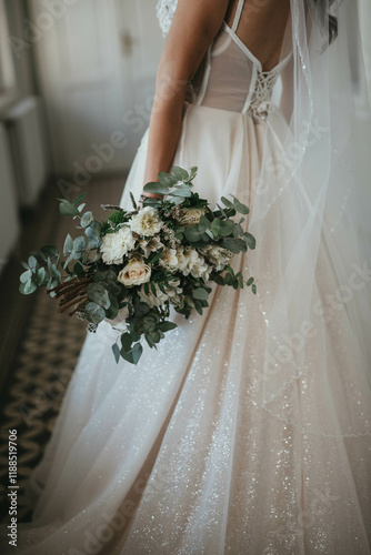 Beautiful bride in a wedding dress with biedermeier.
