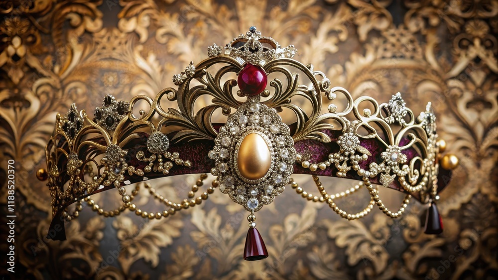 Elegant ornate headpiece adorned with intricate metal filigree and velvet ribbons on a Victorian-inspired backdrop , elegant decor , fashion accessories Elegant ornate headpiece adorned with intricate metal filigree and velvet ribbons on a Victorian-inspired backdrop , elegant decor , fashion accessories
