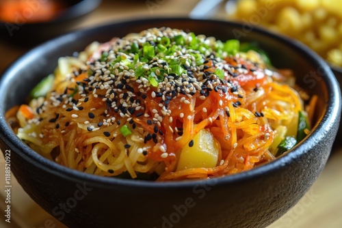 Kimbap with vegetables topped with sesame seeds and crispy potato noodles