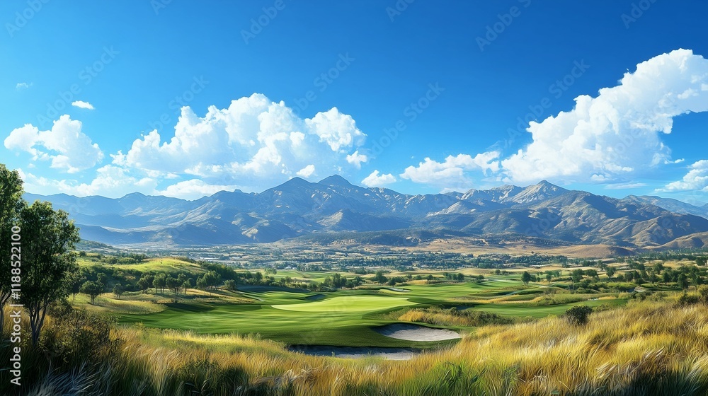 Naklejka premium Scenic golf course with mountain view under clear blue sky.