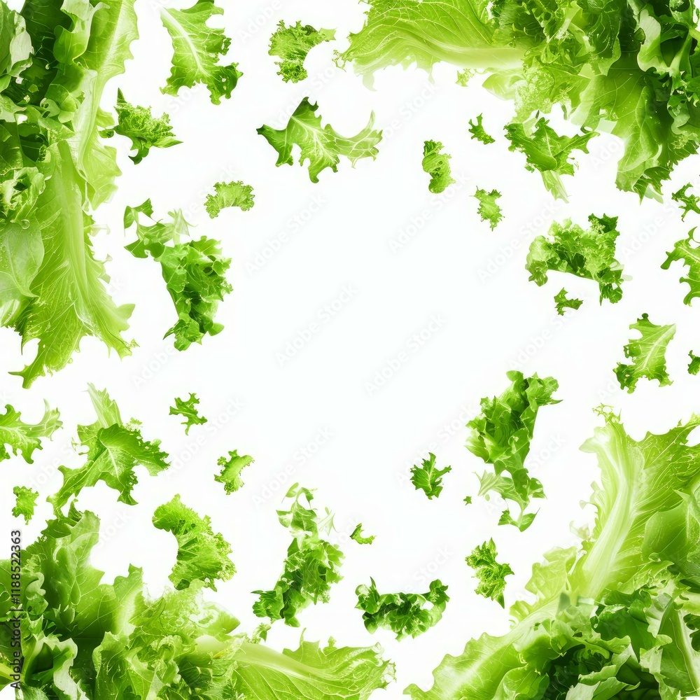 Obraz premium Fresh green lettuce leaves rotating and floating on a white background, creating a vibrant and healthy image