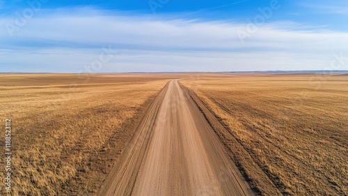 legislation policy enforcement concept. Endless dirt road stretches through an open, golden landscape beneath a clear blue sky. photo