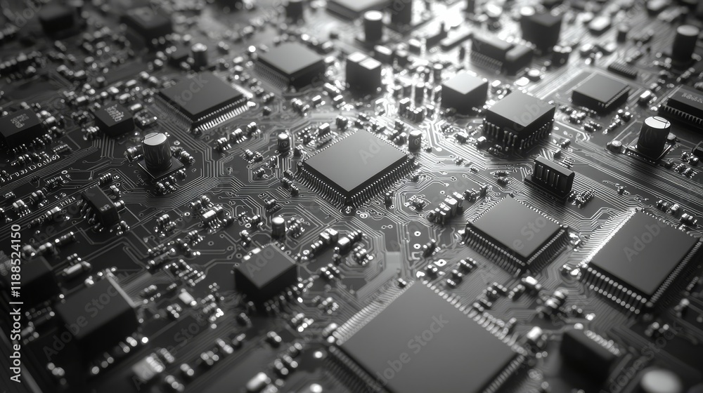 Detailed close-up of a complex circuit board showcasing intricate pathways and electronic components in monochrome Detailed close-up of a complex circuit board showcasing intricate pathways and electronic components in monochrome