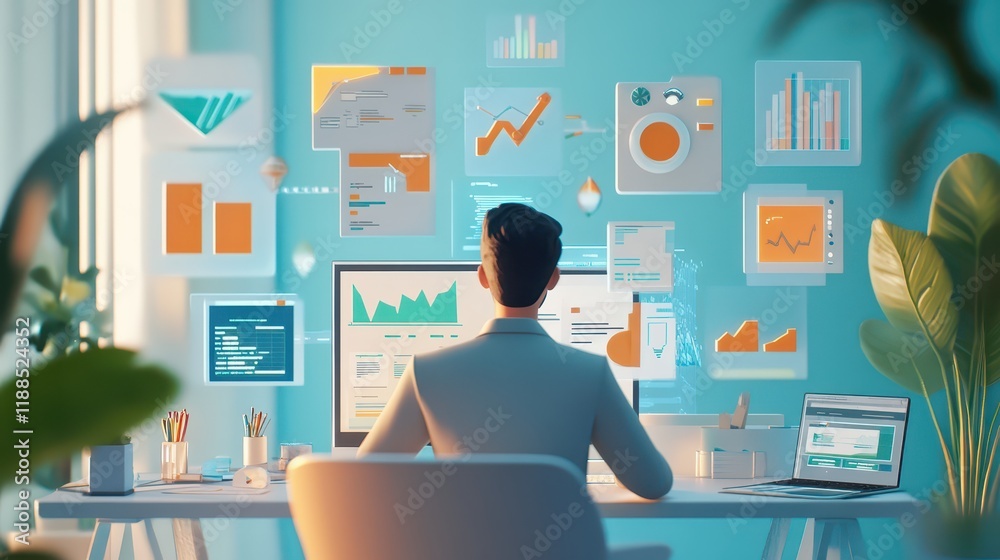 Fototapeta premium A 3D model of a businessman working remotely on a business project, surrounded by floating 3D icons of communication tools, data analytics, and financial charts in a digital workspace illustrations