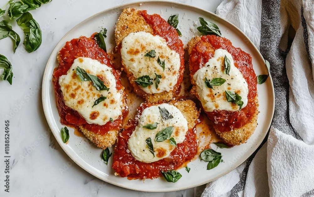 A tender chicken parmesan with melted mozzarella and marinara sauce served on a white oval plate A tender chicken parmesan with melted mozzarella and marinara sauce served on a white oval plate