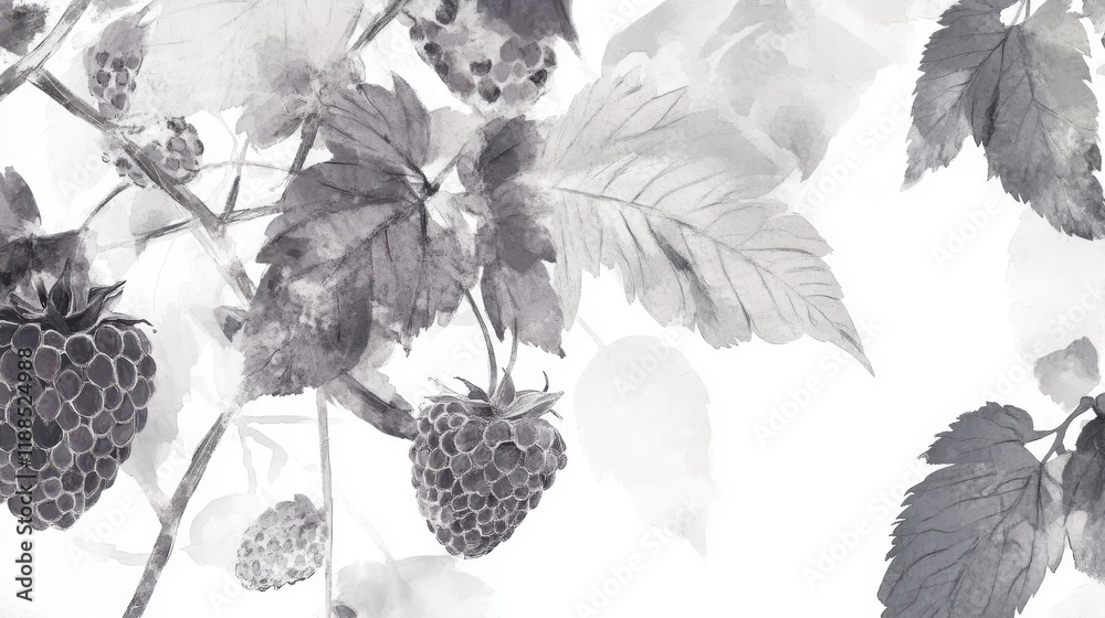 Naklejka premium Monochromatic Raspberry Illustration: A Detailed Botanical Watercolor Art