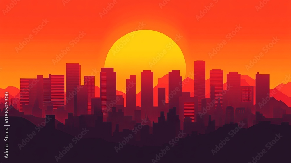 Fototapeta premium A vibrant sunset casts a warm glow over a silhouetted city skyline, creating a striking contrast against a red and orange sky.