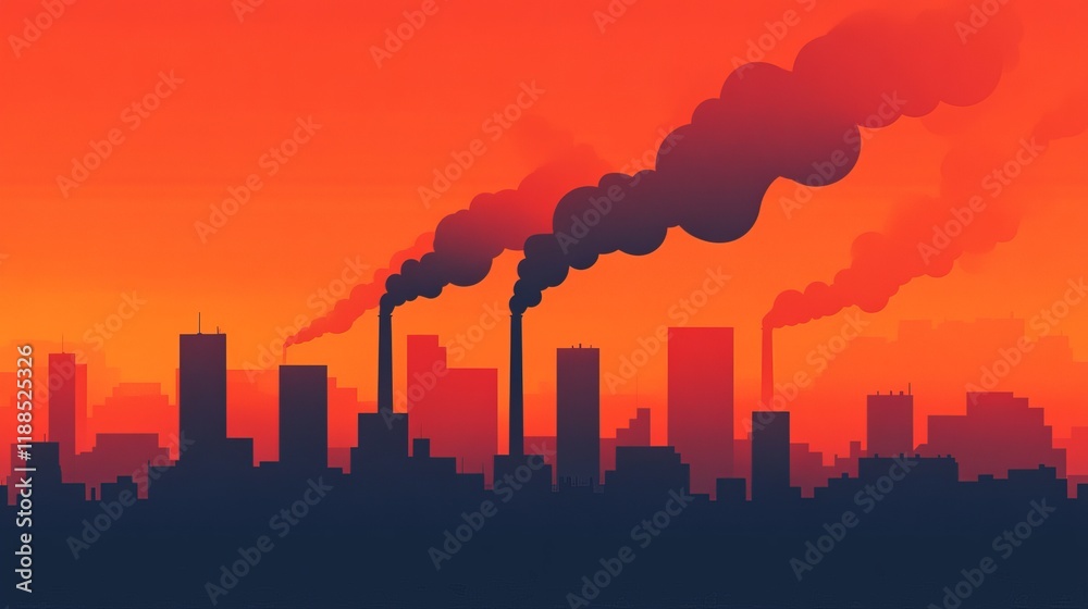 Naklejka premium A city skyline at sunset, silhouetted against a vibrant orange sky, with smoke rising from industrial chimneys, highlighting urban pollution.