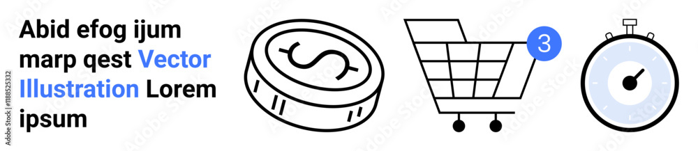 Coin with dollar sign, shopping cart with notification, and stopwatch. Ideal for e-commerce, online shopping, digital payments, time management, financial services, retail, marketing. Landing page Coin with dollar sign, shopping cart with notification, and stopwatch. Ideal for e-commerce, online shopping, digital payments, time management, financial services, retail, marketing. Landing page