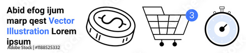 Coin with dollar sign, shopping cart with notification, and stopwatch. Ideal for e-commerce, online shopping, digital payments, time management, financial services, retail, marketing. Landing page
