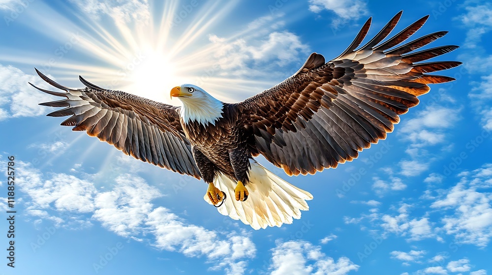 Fototapeta premium Majestic Bald Eagle in Flight Soaring Above the Clouds