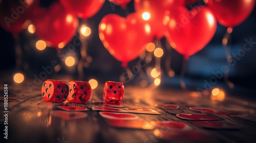 Valentine's Day offer for board games, a red heart-shaped balloon surrounded by a board and game pieces
